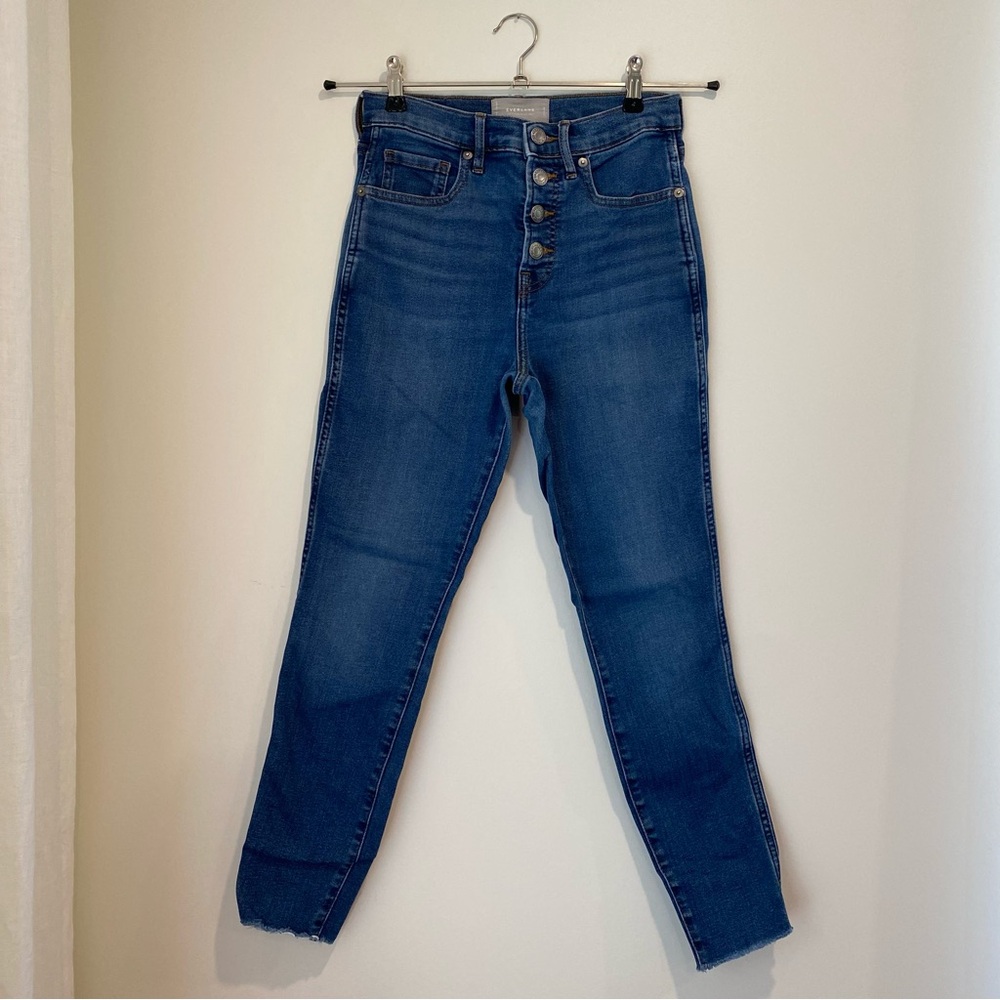 Everlane The Vintage Skinny Jean 25 Ankle High Rise Button Fly Raw Hem Blue